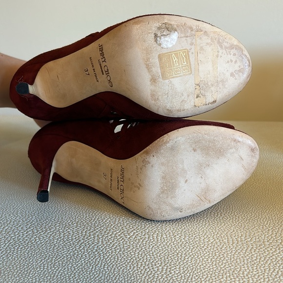 Jimmy Choo Dane Peep Toe Caged Heeled Booties Red Burgundy Size 37 or 6.5 - Picture 7 of 7